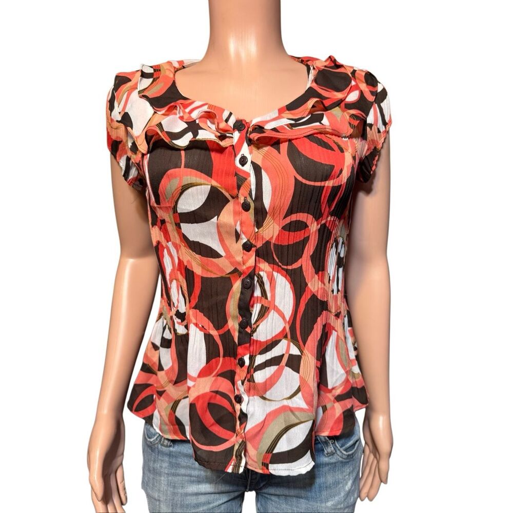East 5 colorful button-down front ruffled collar and short cap sleeves S